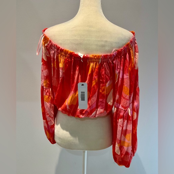 NWT Olia Off The Shoulder Peasant Crop Top Shirt Size Small Bright Pink Orange - Picture 4 of 10